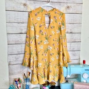 Mustard Yellow Floral Bohemian Long Sleeved Dress